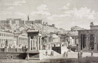 Denkbeeldig uitzicht op de markt van Agora in Athene, oud Griekenland, uit 